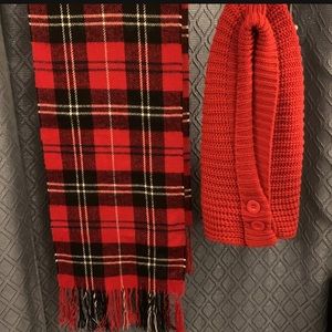 Set of -Red Button Up Hood Hat- Red,White,Black PlaidScarf-Both 100% Acrylic